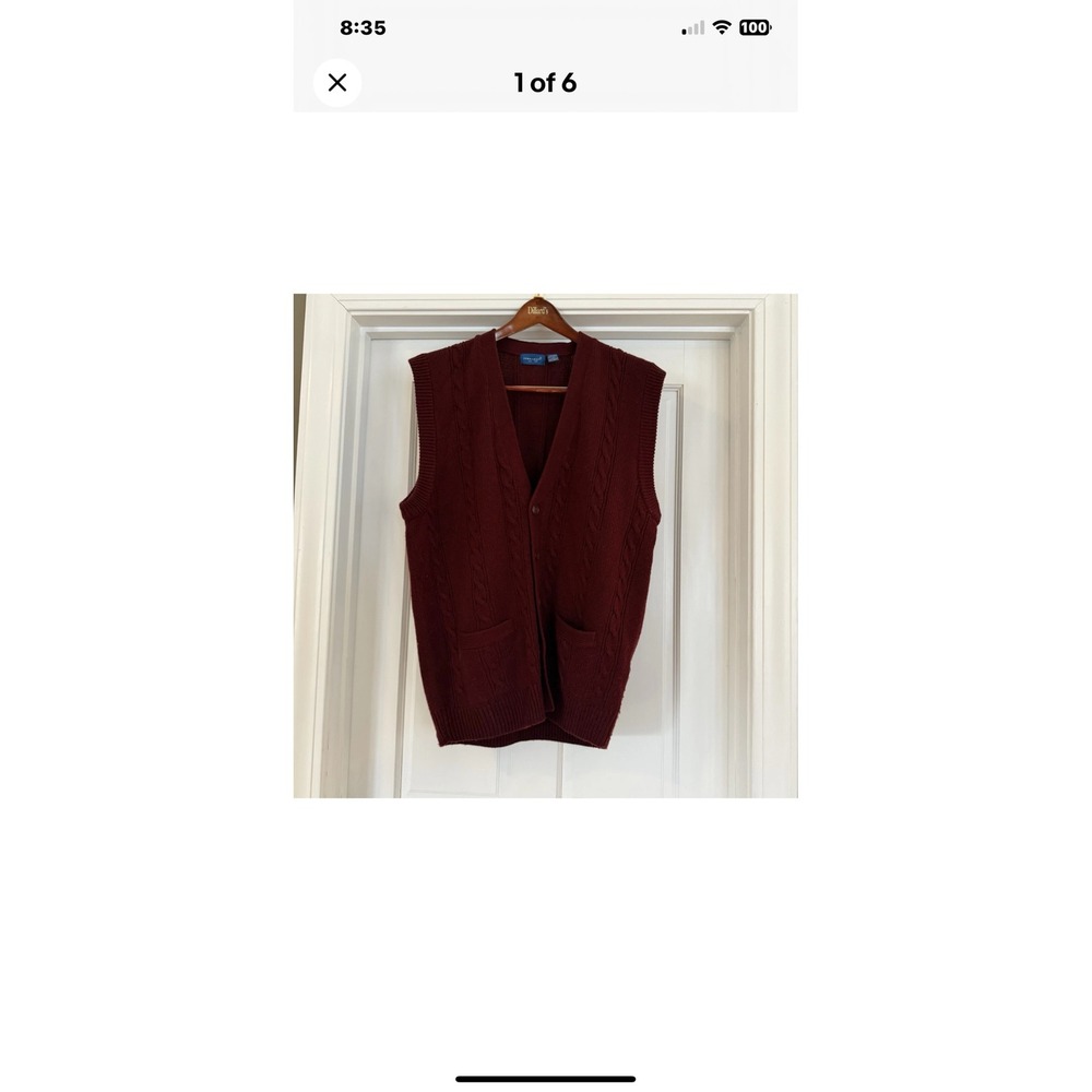 Towncraft Mens XL Tall Burgundy Maroon Cable Knit Button Front‎ Cardigan Vest